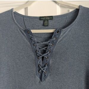 Ralph Lauren Knit Sweater Top 100% cotton lace-Up neckline blue Medium Classic